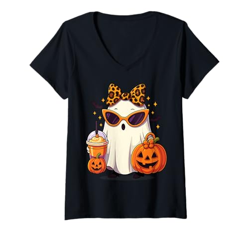 Damen Niedliches Geister-Kürbis-Gewürz-Halloween-Herbst-Getränke-Shirt T-Shirt mit V-Ausschnitt Damen Niedliches Geister-Kürbis-Gewürz-Halloween-Herbst-Getränke-Shirt T-Shirt mit V-Ausschnitt von Pumpkin Spice Ghost Halloween Gift Tee Women & Kid