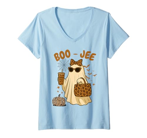 Damen Coquette Leopard Coffee Boo JEE Halloween Boujee Ghost T-Shirt mit V-Ausschnitt von Pumpkin Spice Latte Halloween Ghost Graphic Gifts