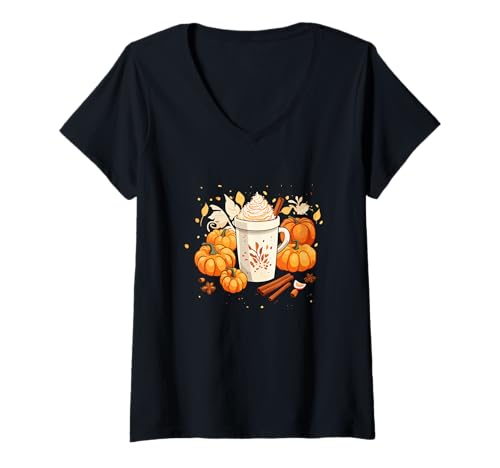 Damen Pumpkin Spice Latte Sirup Gewürz Kürbis Herbst Saison T-Shirt mit V-Ausschnitt von Pumpkin Spice Latte Herbstoutfit