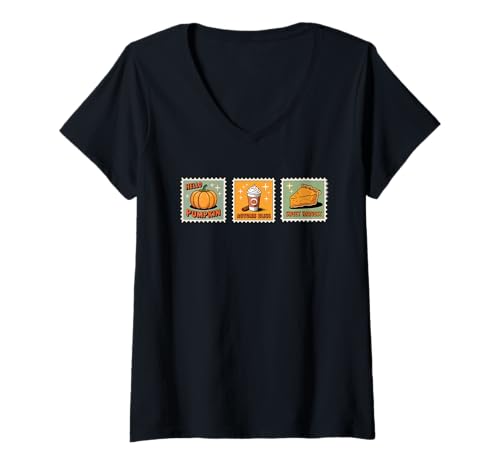 Damen Pumpkin Spice Poststempel Retro Herbst Briefmarken Kaffee T-Shirt mit V-Ausschnitt von Pumpkin Spice Postage Stamp Retro Fall Coffee Pie