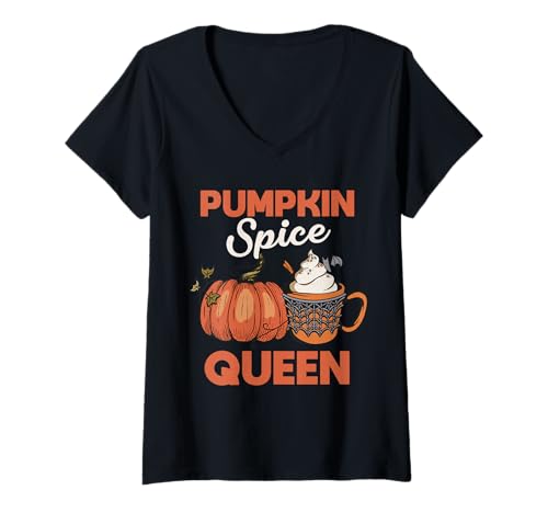 Damen Pumpkin Spice Queen Coffee Pumpkin Web Spiders Halloween T-Shirt mit V-Ausschnitt Damen Pumpkin Spice Queen Coffee Pumpkin Web Spiders Halloween T-Shirt mit V-Ausschnitt von Pumpkin Spice Queen