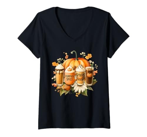 Damen Coffee Pumpkin Latte Spice Coffee Love Fall Season Halloween T-Shirt mit V-Ausschnitt von Pumpkin Spice Season Coffee Love Fall Thanksgiving