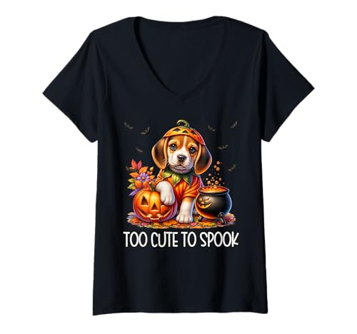 Damen Fall and Halloween Beagle Puppy is Too Cute to Spook T-Shirt mit V-Ausschnitt von Pumpkin Themed Beagle Gifts For Halloween Lovers