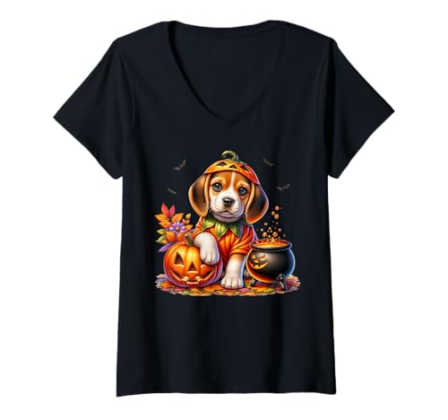Damen Halloween Beagle Puppy for Beagle Lovers Bats Pumpkin Face T-Shirt mit V-Ausschnitt von Pumpkin Themed Beagle Gifts For Halloween Lovers