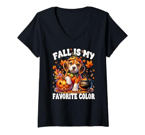 Damen Halloween Beagle Puppy for Women Fall is My Favorite Color T-Shirt mit V-Ausschnitt von Pumpkin Themed Beagle Gifts For Halloween Lovers