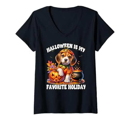 Damen Halloween is My Favorite Holiday Women Halloween Beagle Mom T-Shirt mit V-Ausschnitt von Pumpkin Themed Beagle Gifts For Halloween Lovers