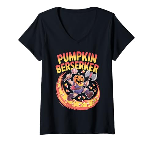 Damen Lustiger Halloween-Berserker – süßer orangefarbener Kürbis Wikinger T-Shirt mit V-Ausschnitt von Pumpkin Viking Kids Halloween Berserker Costume