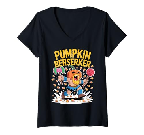 Damen Lustiger Kürbis Wikinger Kinder - Halloween Berserker Kostüm T-Shirt mit V-Ausschnitt von Pumpkin Viking Kids Halloween Berserker Costume
