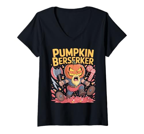 Damen Lustiger süßer Kürbis Berserker Kinder Halloween Wikinger T-Shirt mit V-Ausschnitt von Pumpkin Viking Kids Halloween Berserker Costume