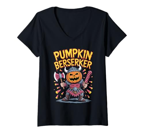 Damen Süßer Kürbis Berserker Halloween Wikinger T-Shirt mit V-Ausschnitt von Pumpkin Viking Kids Halloween Berserker Costume