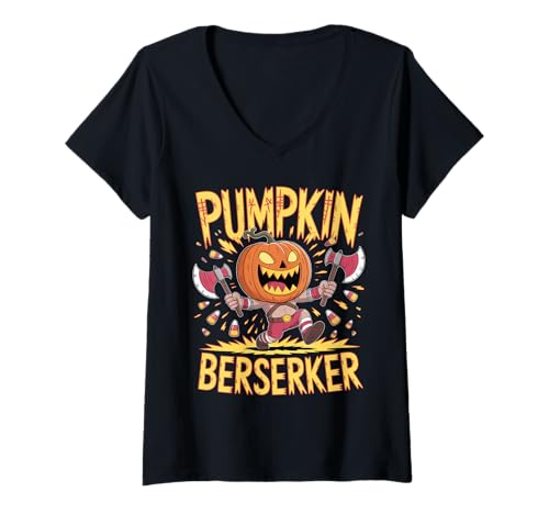 Damen Süßer Kürbis Berserker Kinder Halloween Wikinger T-Shirt mit V-Ausschnitt von Pumpkin Viking Kids Halloween Berserker Costume