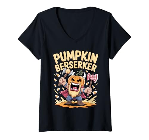 Damen Süßer Wikinger-Kürbis-Krieger - Lustiger Halloween-Berserker T-Shirt mit V-Ausschnitt von Pumpkin Viking Kids Halloween Berserker Costume