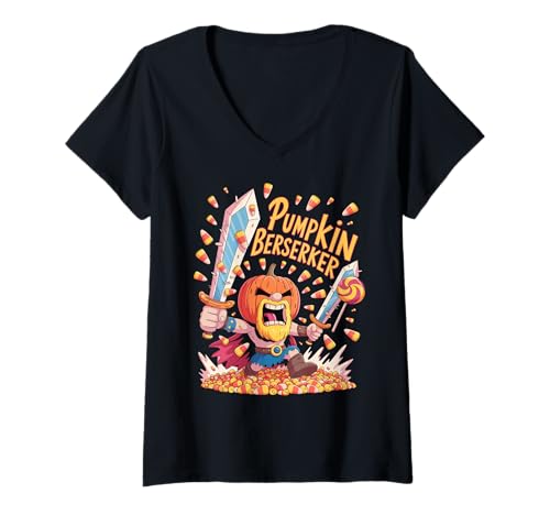 Damen Süßer Wikinger-Kürbis-Krieger - Lustiges nordisches Halloween T-Shirt mit V-Ausschnitt von Pumpkin Viking Kids Halloween Berserker Costume