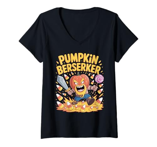 Damen Süßer Wikinger-Kürbis-Krieger - nordischer Halloween-Berserker T-Shirt mit V-Ausschnitt von Pumpkin Viking Kids Halloween Berserker Costume