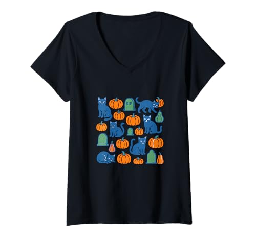 Damen Niedliches Halloween-Katzen-Muster mit Kürbissen und gruseligem Anhänger T-Shirt mit V-Ausschnitt von Pumpkin Whiskers Emporium