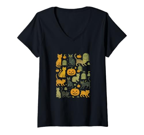 Damen Niedliches Halloween-Katzen-Muster mit Kürbissen und gruseligem Anhänger T-Shirt mit V-Ausschnitt von Pumpkin Whiskers Emporiums