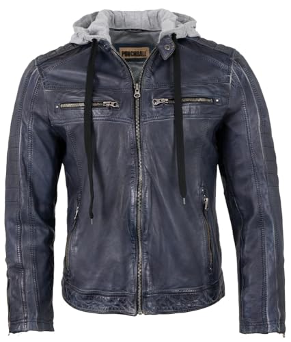 Punchball - Herren Echtleder Lederjacke Kapuze Lammnappa blau Größe 58 von Punchball