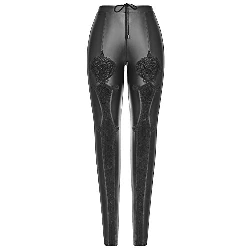 Punk Rave Gothic Viktorianische Kunstlederleggings Spitze Blumenmuster bestickte Hosen für Frauen - Schwarz - Klein von Punk Rave