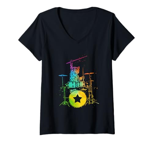 Damen Punk Rock Kitten Kitty Cat Schlagzeuger spielt Schlagzeug, Starband T-Shirt mit V-Ausschnitt von Punk Rock Kitten Kitty Cat Drummer Playing Drum