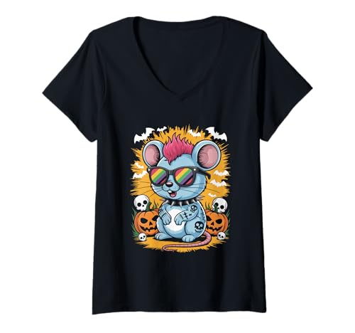 Damen Punk Ratte Halloween T-Shirt mit V-Ausschnitt Damen Punk Ratte Halloween T-Shirt mit V-Ausschnitt von Punk Rocker Mouse