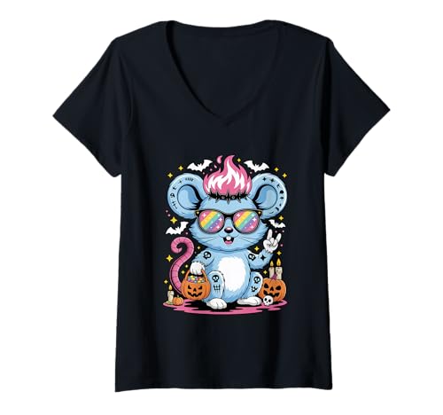 Damen Punk Ratte Halloween T-Shirt mit V-Ausschnitt Damen Punk Ratte Halloween T-Shirt mit V-Ausschnitt von Punk Rocker Mouse