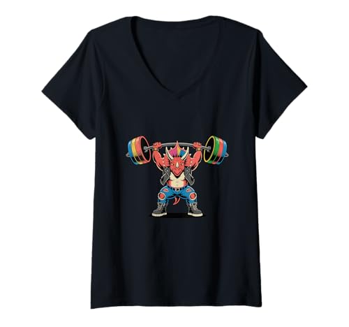 Damen Punk Triceratops Dinosaur Muscular Gym & Fitness T-Shirt mit V-Ausschnitt von Punk Triceratops Gym Fitness Gift