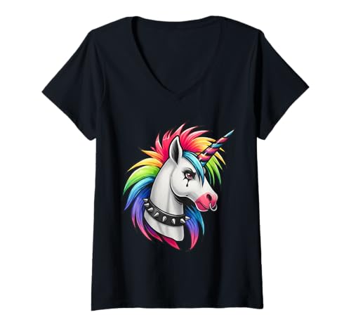 Damen Punk Rock Regenbogen Einhorn Emo Goth Alternative Tier T-Shirt mit V-Ausschnitt Damen Punk Rock Regenbogen Einhorn Emo Goth Alternative Tier T-Shirt mit V-Ausschnitt von Punk Unicorn, Funny Punk Rock Unicorn Gifts