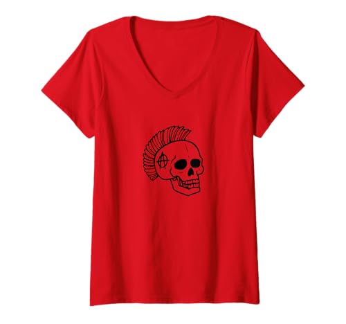 Damen Punk Rock Rot und Schwarz Goth Skelett und Mohawk T-Shirt mit V-Ausschnitt Damen Punk Rock Rot und Schwarz Goth Skelett und Mohawk T-Shirt mit V-Ausschnitt von Punk and Goth Black and Red Cute