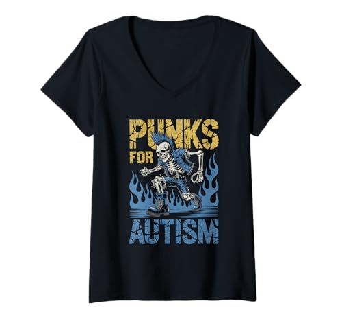 Damen Punks for Autism Skelett Mohawk Boots Flames Awareness T-Shirt mit V-Ausschnitt von PunkRise