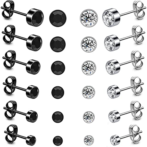 12 Paar Edelstahl Schwarz Silber Ohrringe für Damen Herren, Kleine Schläfer Knorpel Herren Hypoallergene Ohrstecker Damen, 3-8mm Damen Ohrringe von PunkTracker