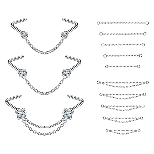 PunkTracker 20G Nasenring 2mm 2.5mm 3mm CZ Nasenstecker mit Kette Chirurgenstahl Nasenpiercings Nasenpiercing Schmuck Nasenringe für Damen Herren von PunkTracker