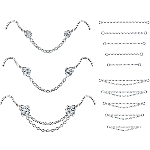 PunkTracker 20G Nasenring 2mm 2.5mm 3mm CZ Nasenstecker mit Kette Chirurgenstahl Nasenpiercings Nasenpiercing Schmuck Nasenringe für Damen Herren von PunkTracker