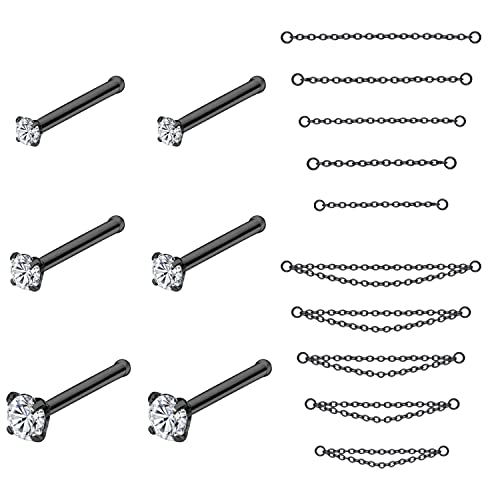 PunkTracker 20G Nasenring 2mm 2.5mm 3mm CZ Nasenstecker mit Kette Chirurgenstahl Nasenpiercings Nasenpiercing Schmuck Nasenringe für Damen Herren von PunkTracker