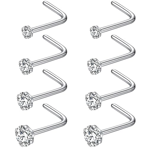 PunkTracker 8Pcs Nasenringe Studs 316L Chirurgenstahl Nose Studs 1.5mm 2mm 2.5mm 3mm CZ Nostril Piercing Schmuck L-förmige Nase Ringe für Damen Herren 20g/18g von PunkTracker