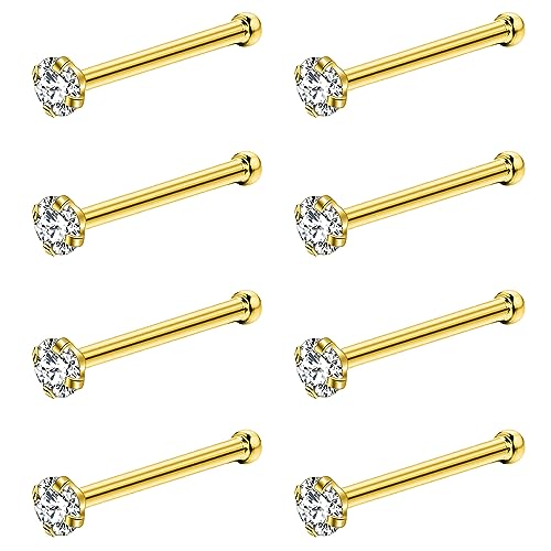 PunkTracker 8Pcs Nasenringe Studs 316L Chirurgenstahl Nose Studs 1.5mm 2mm 2.5mm 3mm CZ Nostril Piercing Schmuck L-förmige Nase Ringe für Damen Herren 20g/18g von PunkTracker