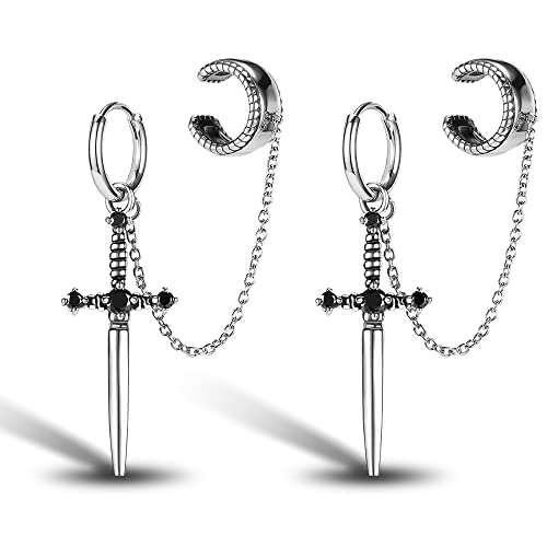 PunkTracker Hypoallergene Chirurgenstahl Gothic Schwert Ohrringe für Damen Schwarz Cubic Zirkonia Punk Dolch Y2K Emo Ohrringe für Herren von PunkTracker