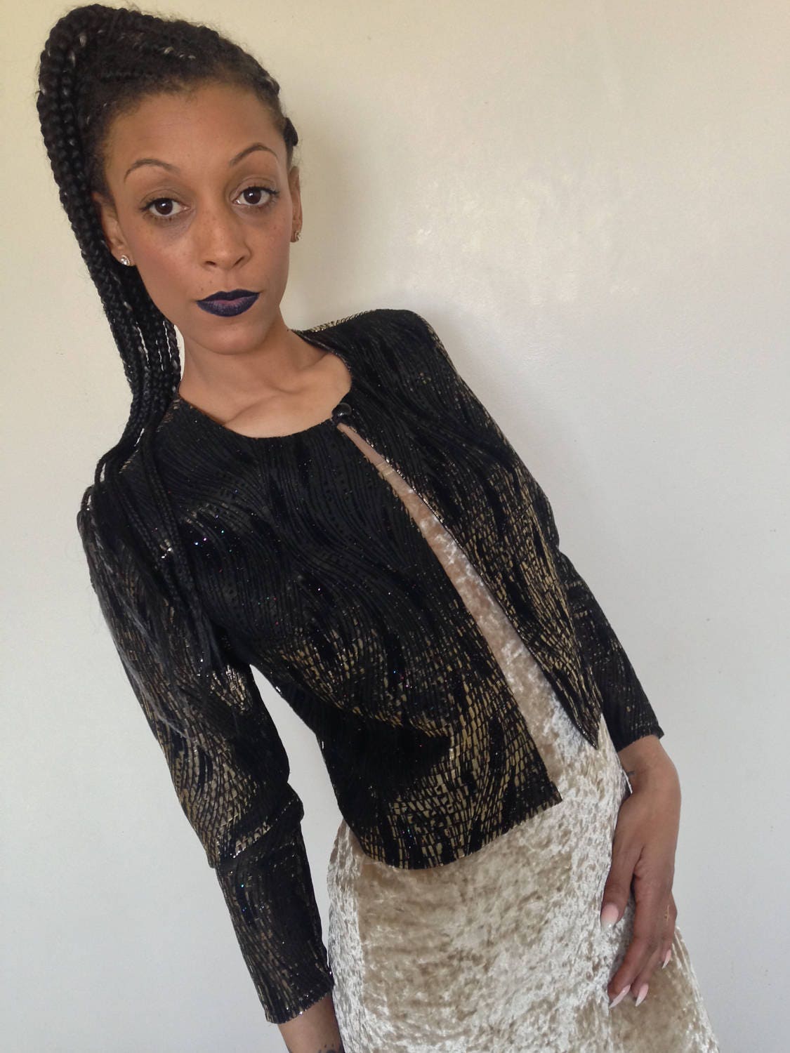 Vtg 80 Disco Schwarz Goldenen Glitzer Abend Blazer S von PunkorellaVintage