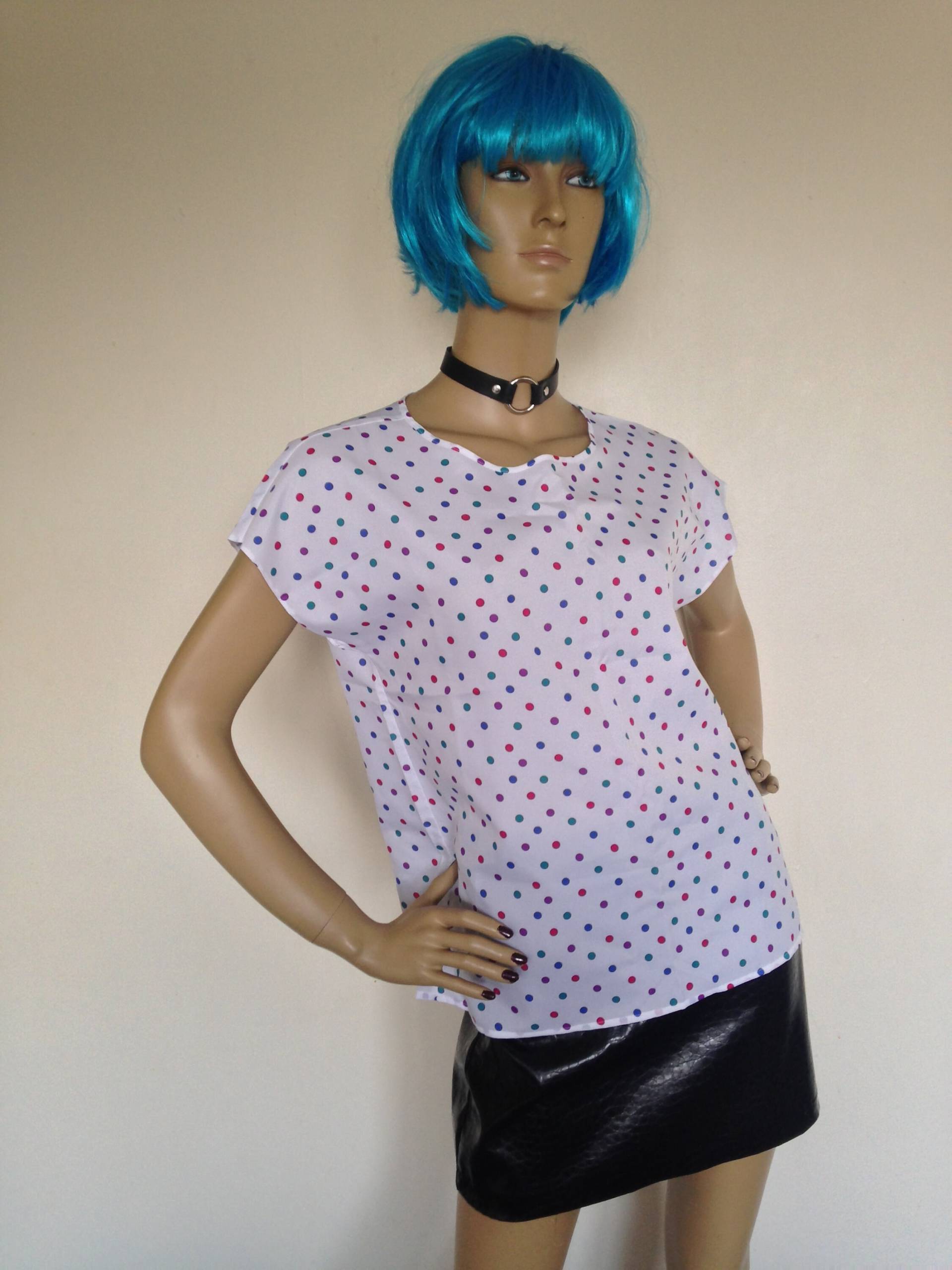 Vtg 80 Es New Wave Retro White Polka Dot Top Blouse M von PunkorellaVintage