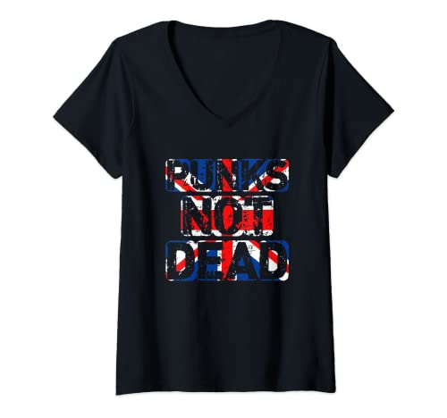 Damen Punks Not Dead | Punkrocker mit britischer Flagge | Punker T-Shirt mit V-Ausschnitt von Punks Not Dead Great Britain Flag Punker Gift