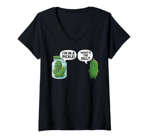 Damen Cartoon Gurke I'm In A Pickle What's The Dill T-Shirt mit V-Ausschnitt von Punny Pickle Humor Collective