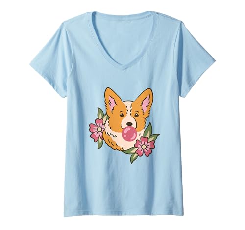 Damen Corgi mit Kaugummi und Blumen – niedlicher Hund Cartoon Kunst T-Shirt mit V-Ausschnitt Damen Corgi mit Kaugummi und Blumen – niedlicher Hund Cartoon Kunst T-Shirt mit V-Ausschnitt von Pup Charm Designs