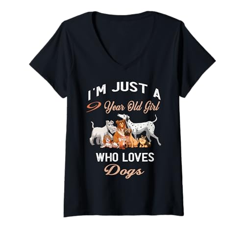 Damen Ich Bin nur EIN 9-jähriges Mädchen, das Hunde liebt Geburtstagskind T-Shirt mit V-Ausschnitt von Puppies And Dogs Lovers Birthday Gift