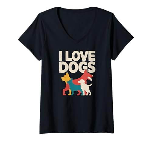 Damen I Love Dogs Bunte Silhouette Grafik T-Shirt mit V-Ausschnitt von Puppy Enthusiast Pet Lover Canine Fan