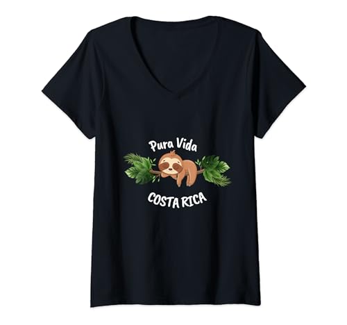 Damen Pura Vida Costa Rica Faultier Relaxing T-Shirt mit V-Ausschnitt von Pura Vida Costa Rica Sloth
