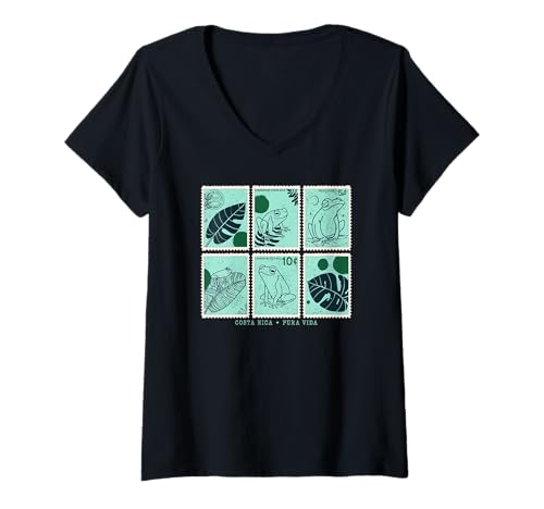 Damen Costa Rica Frosch Stempel Kunst Vintage Pura Vida Souvenir T-Shirt mit V-Ausschnitt von Pura Vida Travel