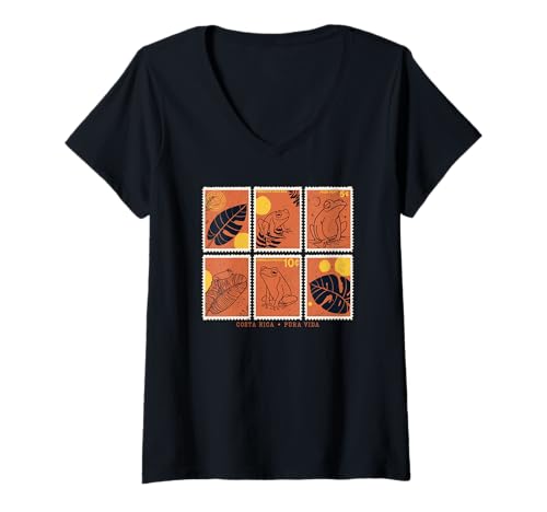 Damen Costa Rica Frosch Stempel Kunst Vintage Pura Vida Souvenir T-Shirt mit V-Ausschnitt Damen Costa Rica Frosch Stempel Kunst Vintage Pura Vida Souvenir T-Shirt mit V-Ausschnitt von Pura Vida Travel