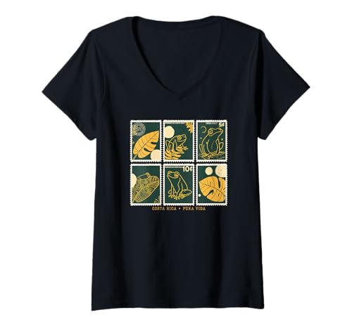 Damen Costa Rica Frosch Stempel Kunst Vintage Pura Vida Souvenir T-Shirt mit V-Ausschnitt Damen Costa Rica Frosch Stempel Kunst Vintage Pura Vida Souvenir T-Shirt mit V-Ausschnitt von Pura Vida Travel