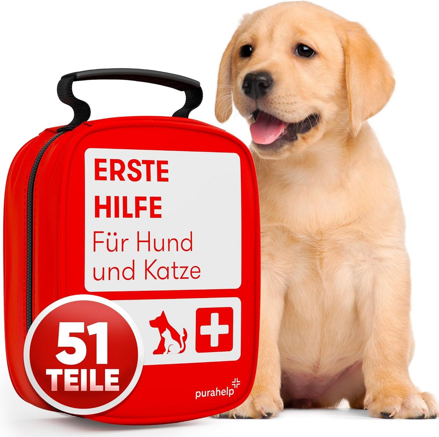 Purahelp Erste-Hilfe-Set Hund und Katze - Inkl. Zeckenzange, Pinzette, Tourniquet etc., (51 St), Hunde Erste Hilfe Set Erste Hilfe Hund Hundeapotheke von Purahelp