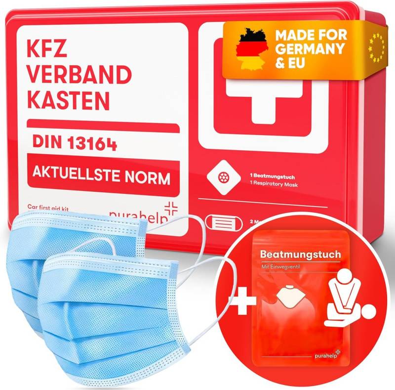 Purahelp KFZ-Verbandkasten nach aktueller Norm 2025 DIN 13164 (StVO konform), (Inkl. Beatmungstuch, 2x Klettstreifen -, 44 St), Erste Hilfe Set Auto Verbandskasten Auto 2025 von Purahelp