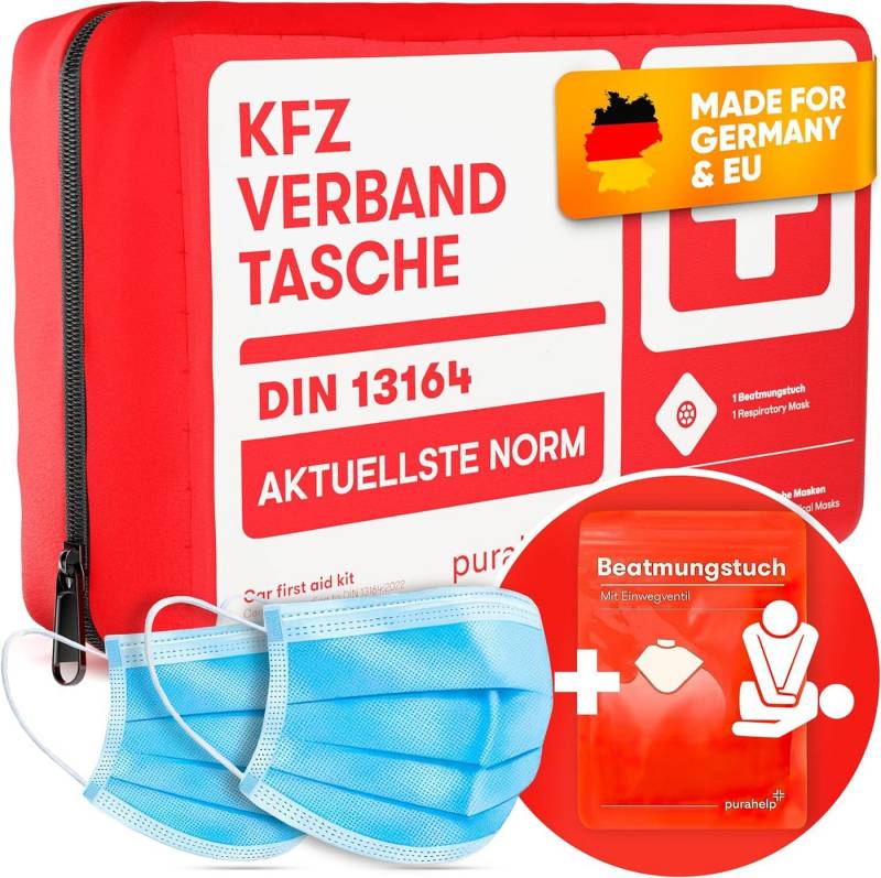 Purahelp KFZ-Verbandkasten nach aktueller Norm 2025 DIN 13164 (StVO konform), (nkl. Beatmungstuch -, 44 St), Erste Hilfe Set Auto Verbandskasten Auto 2025 von Purahelp